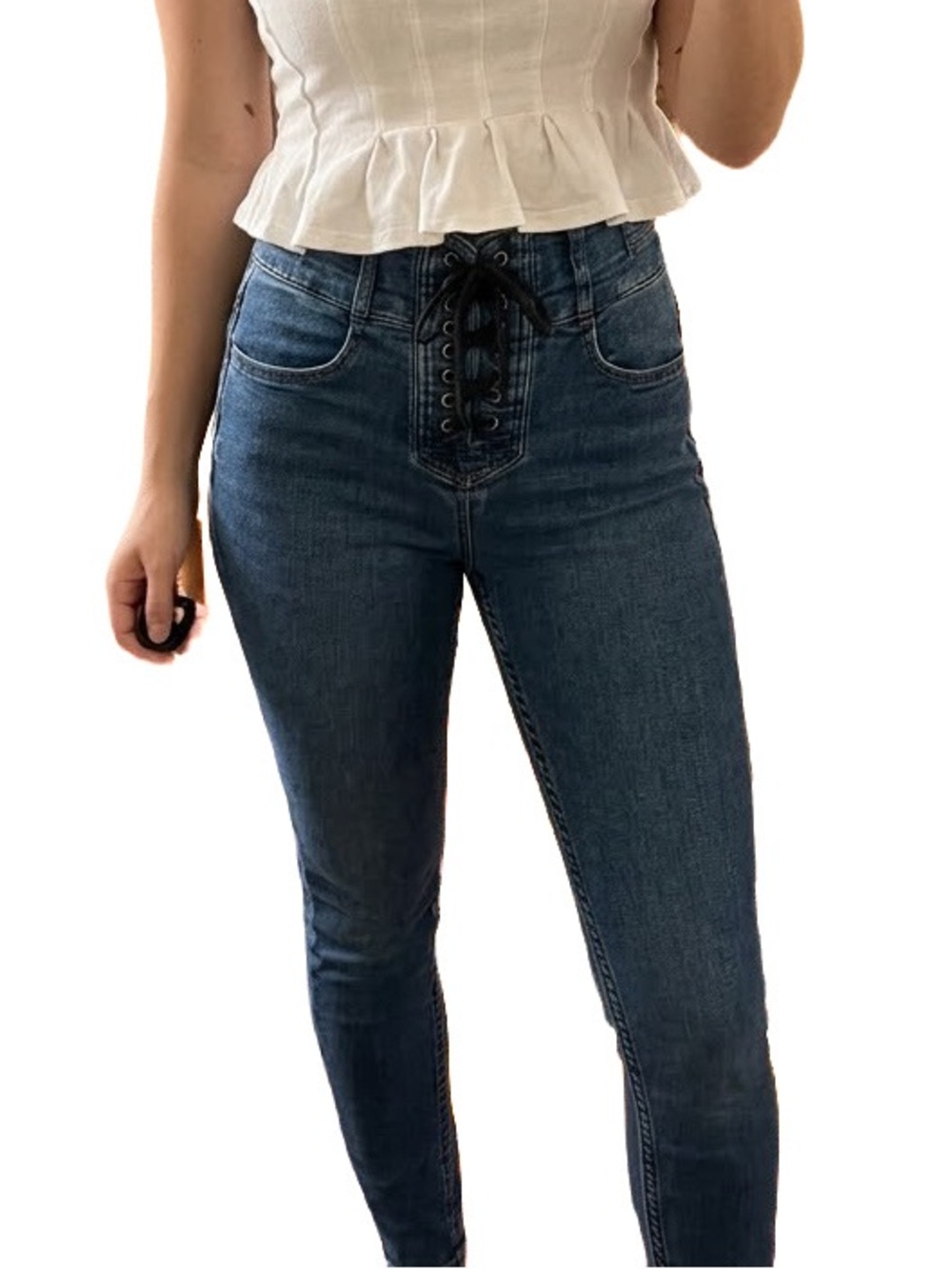 Free People We The Free Lace Up High Rise Skinny Jeans Blue 25